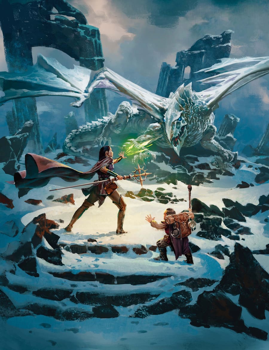 Dragon of Icespire Peak cover art: two adventurers face a white dragon among snow-covered ruins
